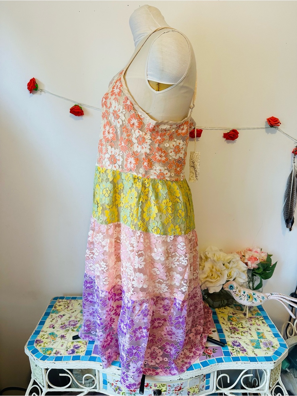 NEW Mystree Gabriella Color Block Multicolor Floral Lace Tiered Midi Dress L - Picture 2 of 12